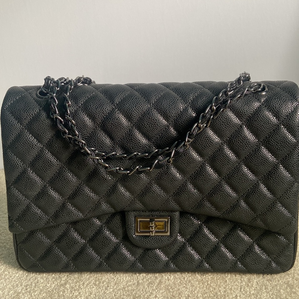 Ainifeel Black Chain Strap Quilted Handbag